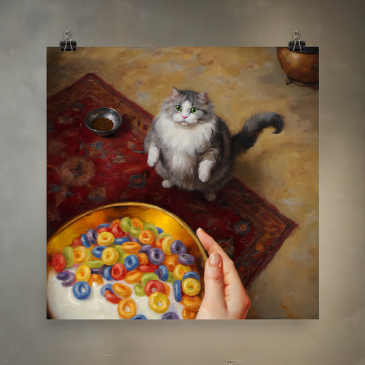 Fat Cat Begs for Cereal Meme Art Print